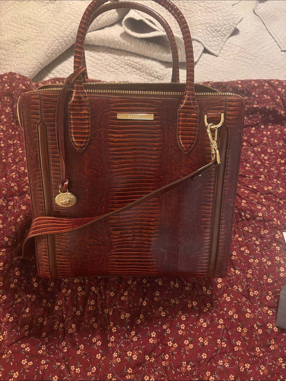 Brahmin Cognac Embossed Leather Satchel with Gold Hardware